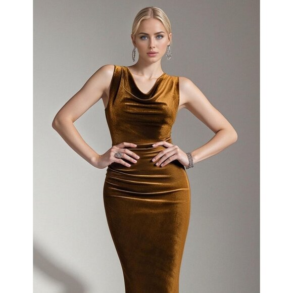 Women Gold Brown Flattering Cowl Neck Sleeveless Velvet Cocktail Mermaid Gown - Picture 5 of 7